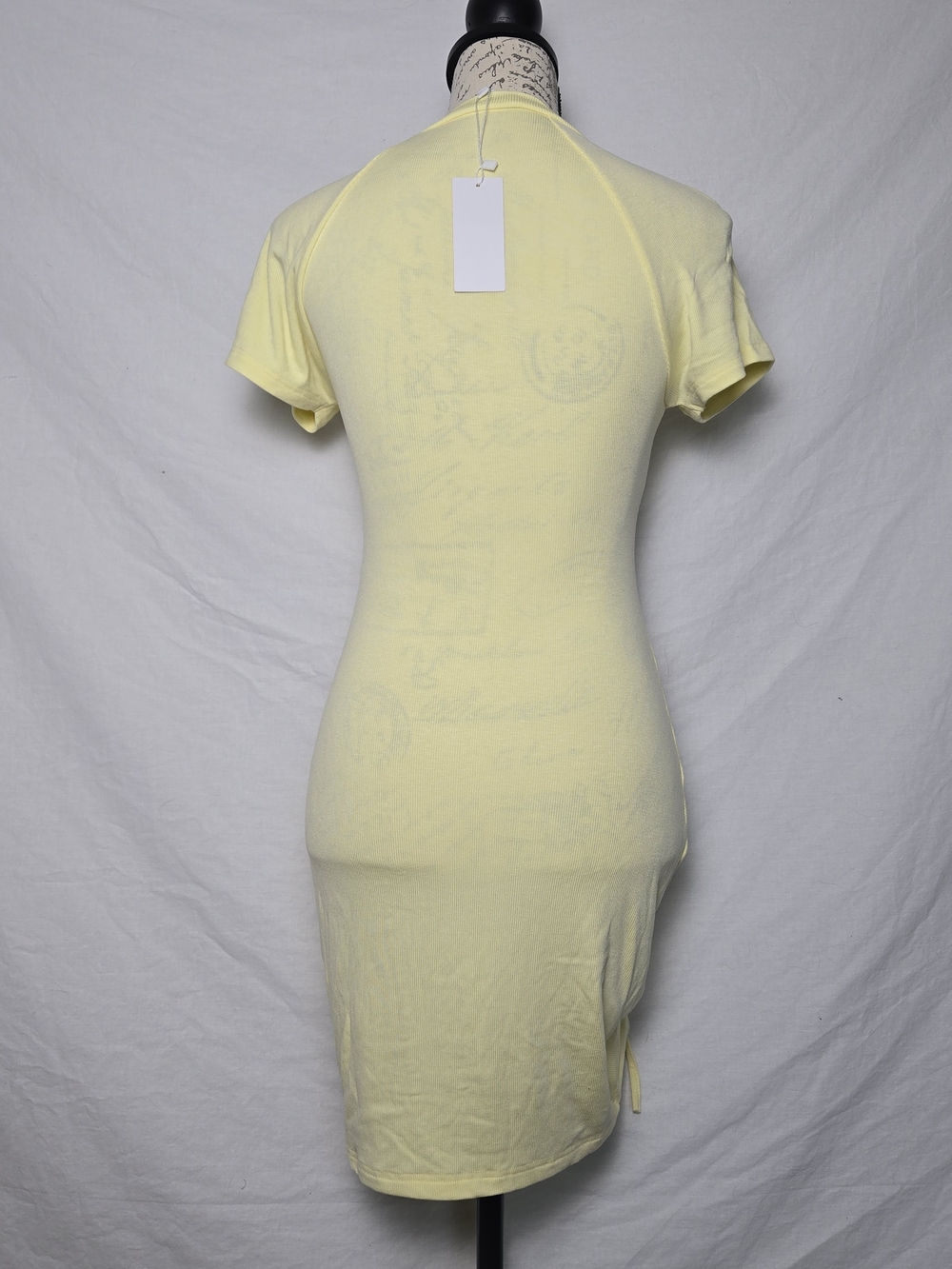 Edit by Nine Yellow Ruched Ribbed Mini Dress | Short Sleeve Drawstring - M - Picture 3 of 6